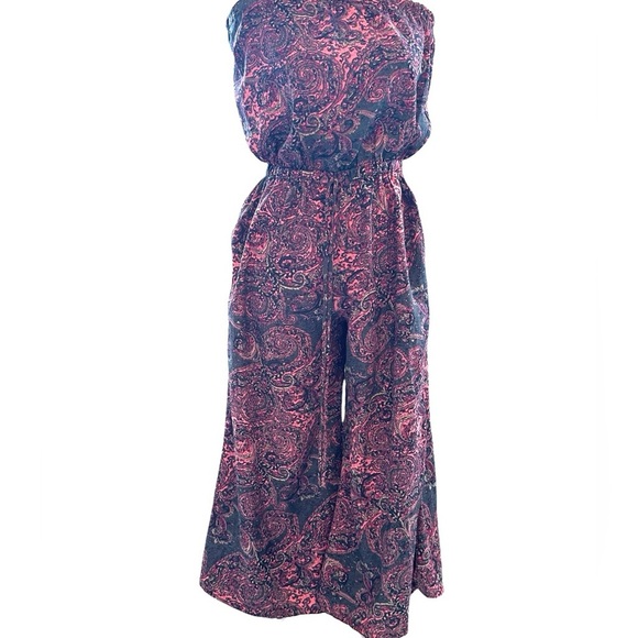 Elan Pink Purple Paisley Strapless Cropped Wide Leg Jumpsuit Size S - Picture 2 of 8